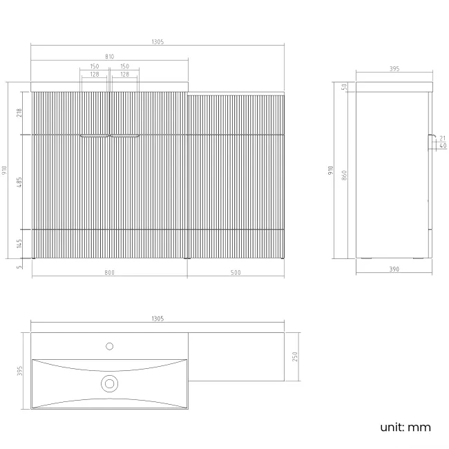 Havana Fluted Black Walnut Basin Vanity and Back To Wall Toilet Unit 1300mm (Excludes Toilet) - Brushed Brass Accents