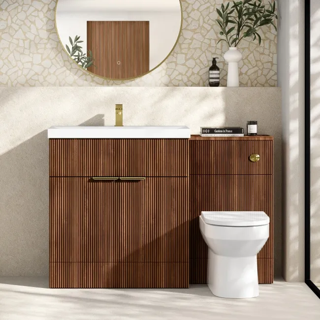 Havana Fluted Black Walnut Combination Vanity Basin and Miami Toilet 1300mm - Brushed Brass Accents