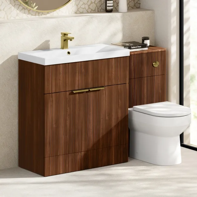 Havana Fluted Black Walnut Combination Vanity Basin and Miami Toilet 1300mm - Brushed Brass Accents