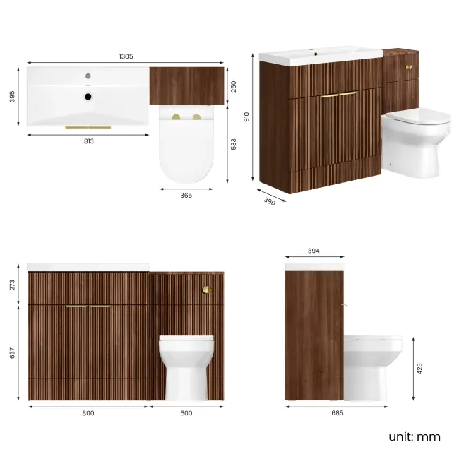 Havana Fluted Black Walnut Combination Vanity Basin and Miami Toilet 1300mm - Brushed Brass Accents