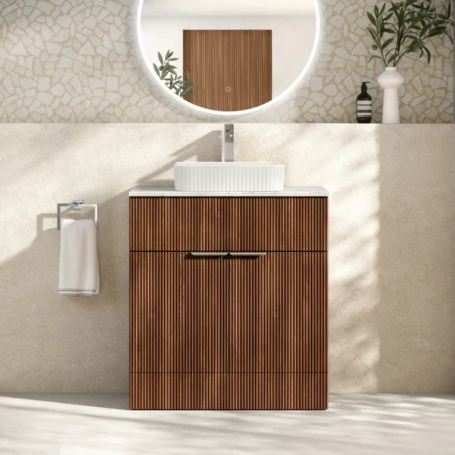 Havana Fluted Black Walnut Cabinet with Marble Top & Reno Basin 800mm - Chrome Handles