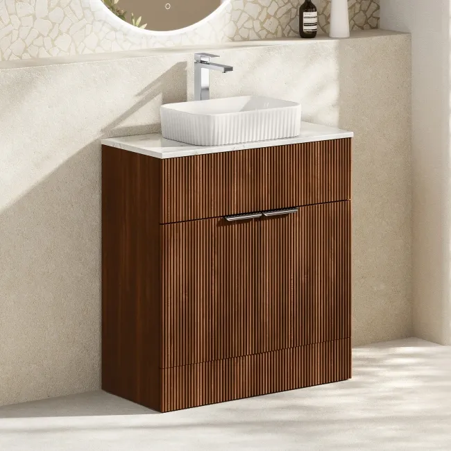 Havana Fluted Black Walnut Cabinet with Marble Top & Reno Basin 800mm - Chrome Handles