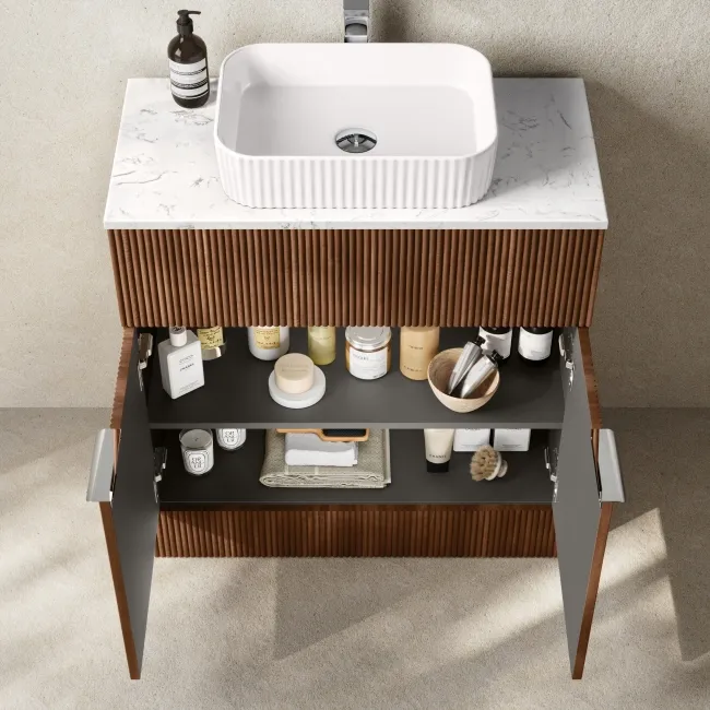 Havana Fluted Black Walnut Cabinet with Marble Top & Reno Basin 800mm - Chrome Handles