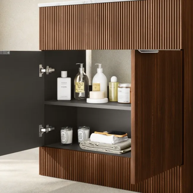 Havana Fluted Black Walnut Cabinet with Marble Top & Reno Basin 800mm - Chrome Handles