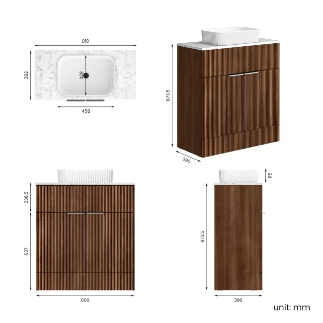 Havana Fluted Black Walnut Cabinet with Marble Top & Reno Basin 800mm - Chrome Handles