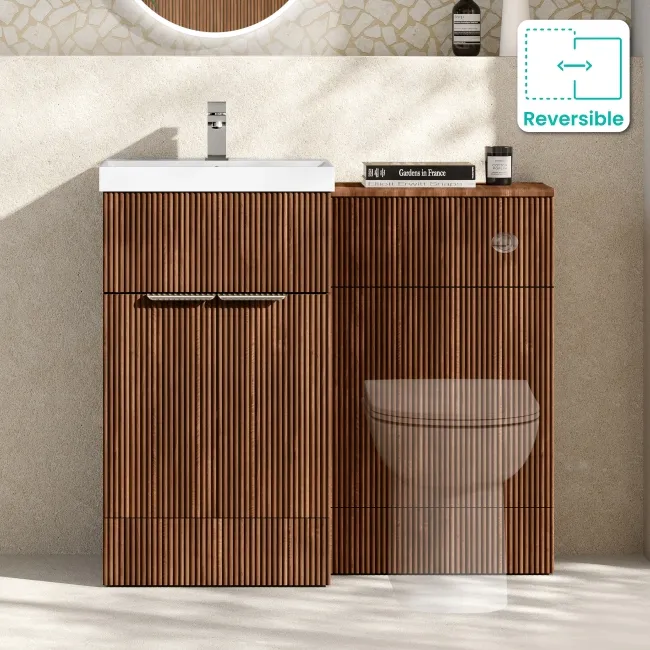 Havana Fluted Black Walnut Basin Vanity and Back To Wall Toilet Unit 1000mm (Excludes Toilet) - Chrome Handles