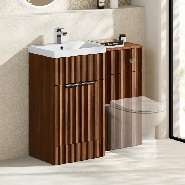 Havana Fluted Black Walnut Basin Vanity and Back To Wall Toilet Unit 1000mm (Excludes Toilet) - Chrome Handles