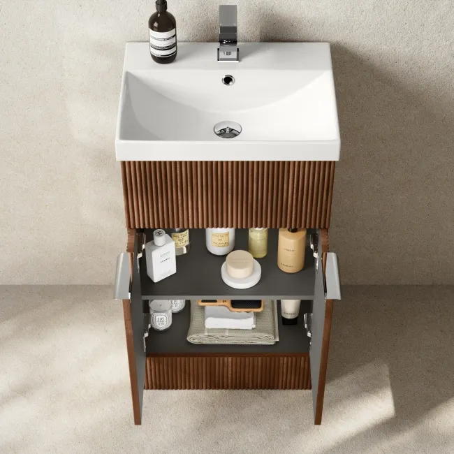 Havana Fluted Black Walnut Basin Vanity and Back To Wall Toilet Unit 1000mm (Excludes Toilet) - Chrome Handles