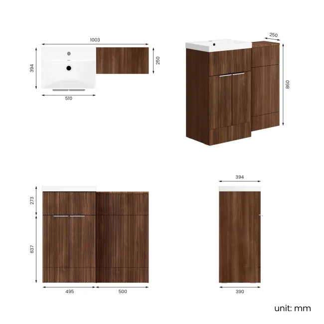 Havana Fluted Black Walnut Basin Vanity and Back To Wall Toilet Unit 1000mm (Excludes Toilet) - Chrome Handles