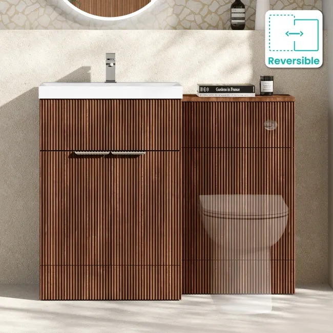 Havana Fluted Black Walnut Basin Vanity and Back To Wall Toilet Unit 1100mm (Excludes Toilet) - Chrome Handles