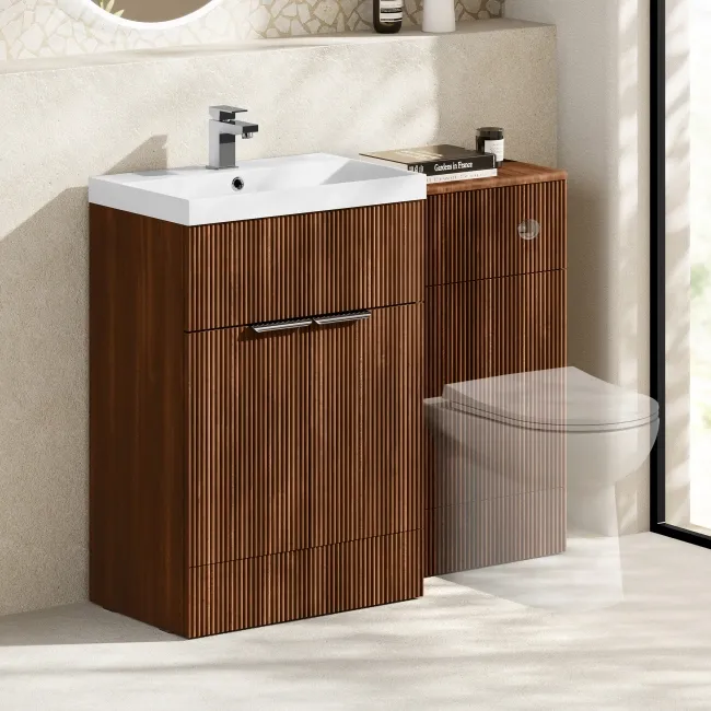 Havana Fluted Black Walnut Basin Vanity and Back To Wall Toilet Unit 1100mm (Excludes Toilet) - Chrome Handles