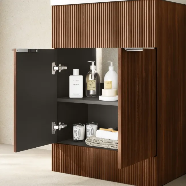 Havana Fluted Black Walnut Basin Vanity and Back To Wall Toilet Unit 1100mm (Excludes Toilet) - Chrome Handles