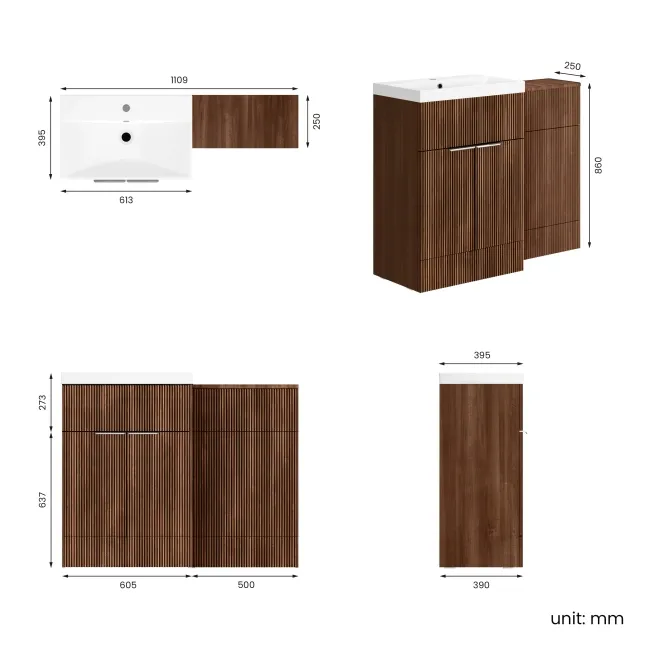 Havana Fluted Black Walnut Basin Vanity and Back To Wall Toilet Unit 1100mm (Excludes Toilet) - Chrome Handles