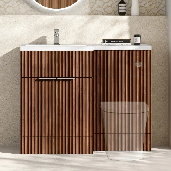 Havana Fluted Black Walnut Basin Vanity and Back To Wall Toilet Unit 1100mm (Excludes Toilet) - Chrome Handles - Left Handed