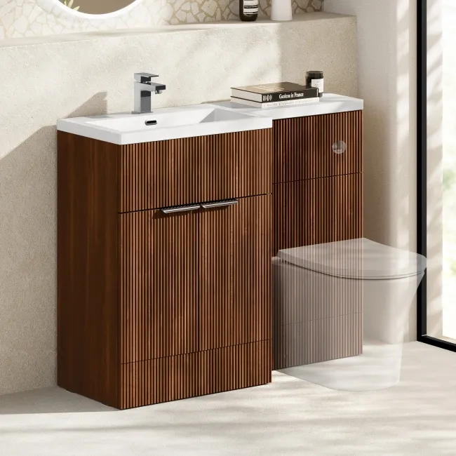 Havana Fluted Black Walnut Basin Vanity and Back To Wall Toilet Unit 1100mm (Excludes Toilet) - Chrome Handles - Left Handed