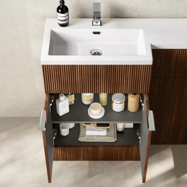 Havana Fluted Black Walnut Basin Vanity and Back To Wall Toilet Unit 1100mm (Excludes Toilet) - Chrome Handles - Left Handed
