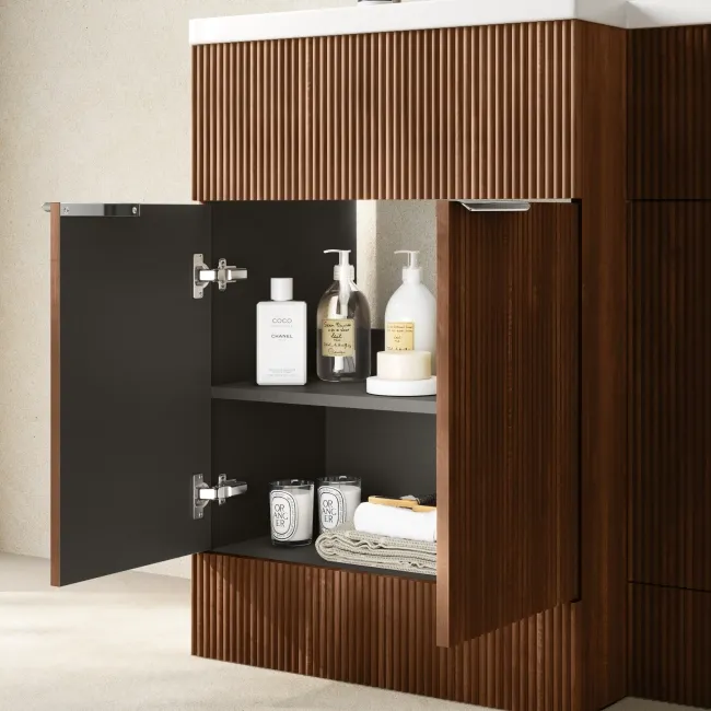 Havana Fluted Black Walnut Basin Vanity and Back To Wall Toilet Unit 1100mm (Excludes Toilet) - Chrome Handles - Left Handed