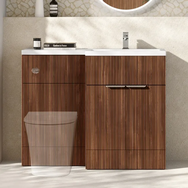 Havana Fluted Black Walnut Basin Vanity and Back To Wall Toilet Unit 1100mm (Excludes Toilet) - Chrome Handles - Right Handed