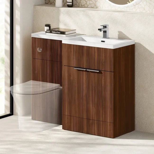 Havana Fluted Black Walnut Basin Vanity and Back To Wall Toilet Unit 1100mm (Excludes Toilet) - Chrome Handles - Right Handed