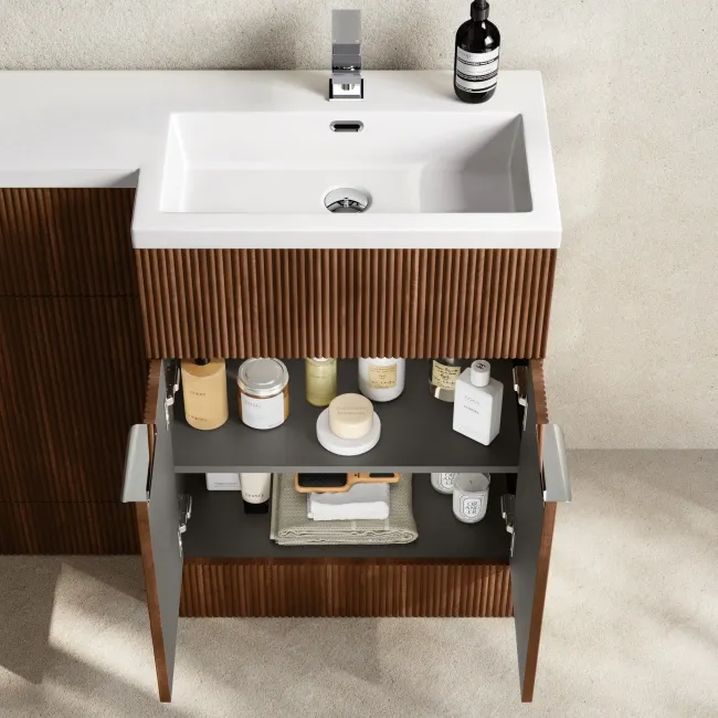 Havana Fluted Black Walnut Basin Vanity and Back To Wall Toilet Unit 1100mm (Excludes Toilet) - Chrome Handles - Right Handed