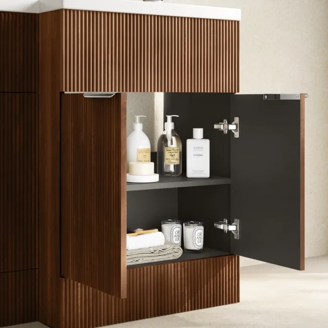 Havana Fluted Black Walnut Basin Vanity and Back To Wall Toilet Unit 1100mm (Excludes Toilet) - Chrome Handles - Right Handed