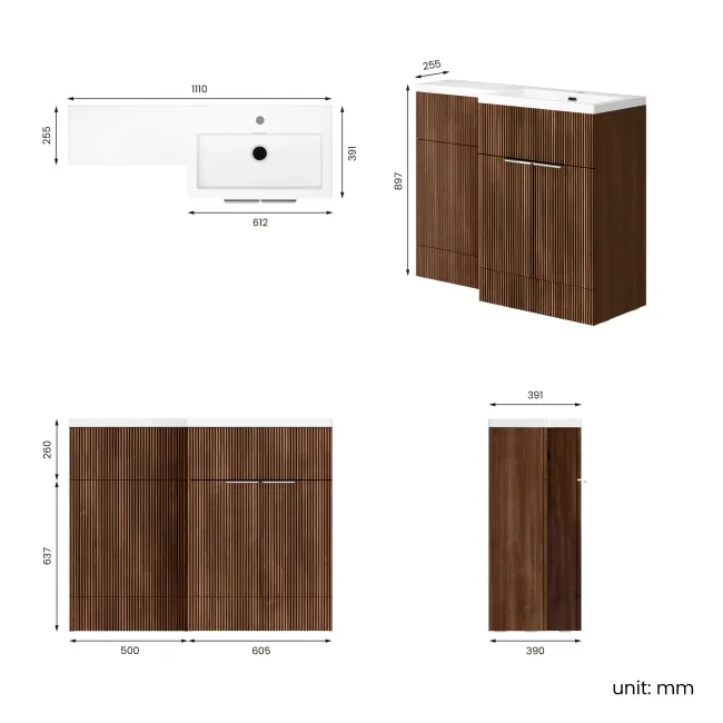 Havana Fluted Black Walnut Basin Vanity and Back To Wall Toilet Unit 1100mm (Excludes Toilet) - Chrome Handles - Right Handed