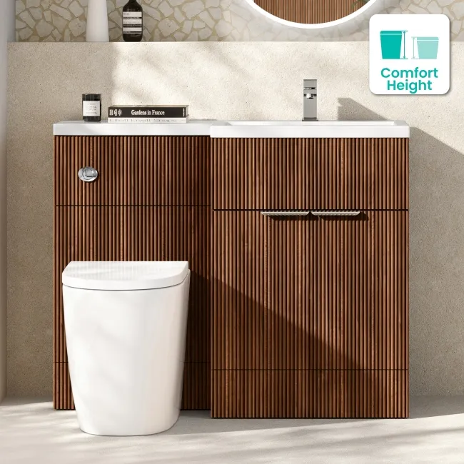 Havana Fluted Black Walnut Combination Vanity Basin and Utah Comfort Height Toilet 1100mm - Chrome Handles - Right Handed
