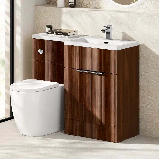 Havana Fluted Black Walnut Combination Vanity Basin and Utah Comfort Height Toilet 1100mm - Chrome Handles - Right Handed
