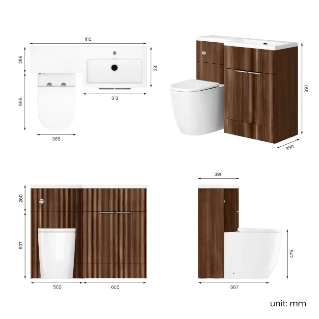 Havana Fluted Black Walnut Combination Vanity Basin and Utah Comfort Height Toilet 1100mm - Chrome Handles - Right Handed