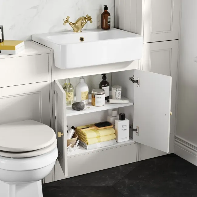 Monaco Cotton White Basin Vanity 600mm - Brushed Brass Accents