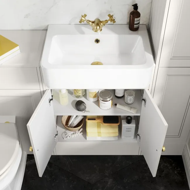 Monaco Cotton White Basin Vanity 600mm - Brushed Brass Accents