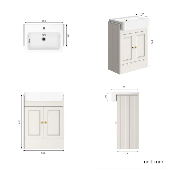 Monaco Cotton White Basin Vanity 600mm - Brushed Brass Accents