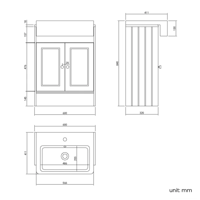 Monaco Cotton White Basin Vanity 600mm - Brushed Brass Accents