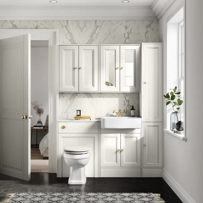 Monaco Cotton White Basin Vanity and Back To Wall Toilet Unit 1200mm (Excludes Pan & Cistern) - Brushed Brass Accents