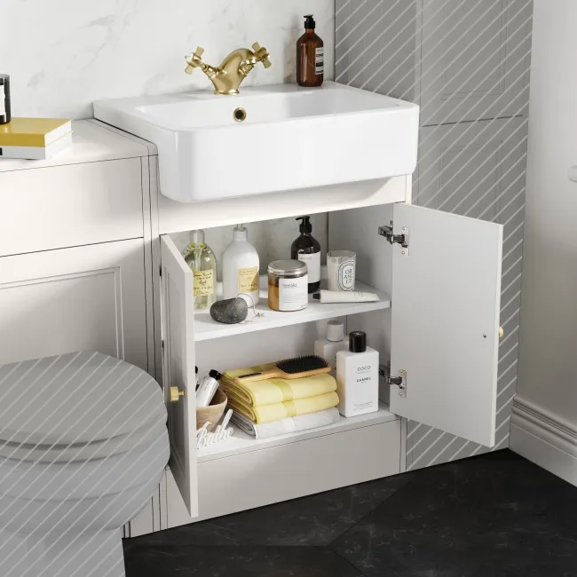 Monaco Cotton White Basin Vanity and Back To Wall Toilet Unit 1200mm (Excludes Pan & Cistern) - Brushed Brass Accents