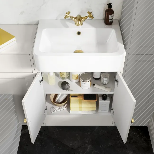 Monaco Cotton White Basin Vanity and Back To Wall Toilet Unit 1200mm (Excludes Pan & Cistern) - Brushed Brass Accents