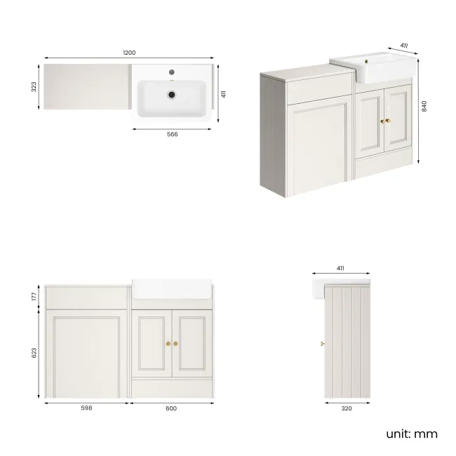 Monaco Cotton White Basin Vanity and Back To Wall Toilet Unit 1200mm (Excludes Pan & Cistern) - Brushed Brass Accents