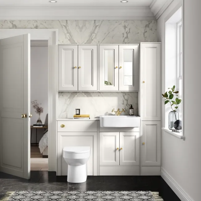 Monaco Cotton White Combination Vanity Basin and Miami Toilet 1200mm - Brushed Brass Accents
