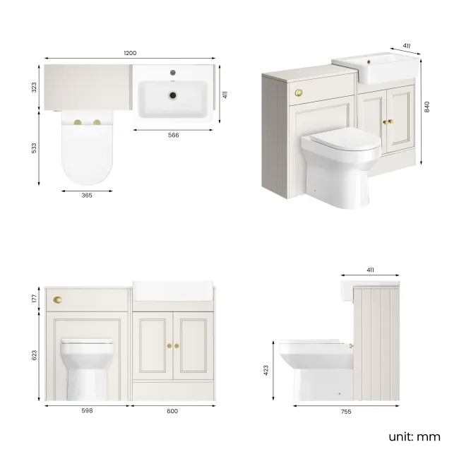 Monaco Cotton White Combination Vanity Basin and Miami Toilet 1200mm - Brushed Brass Accents