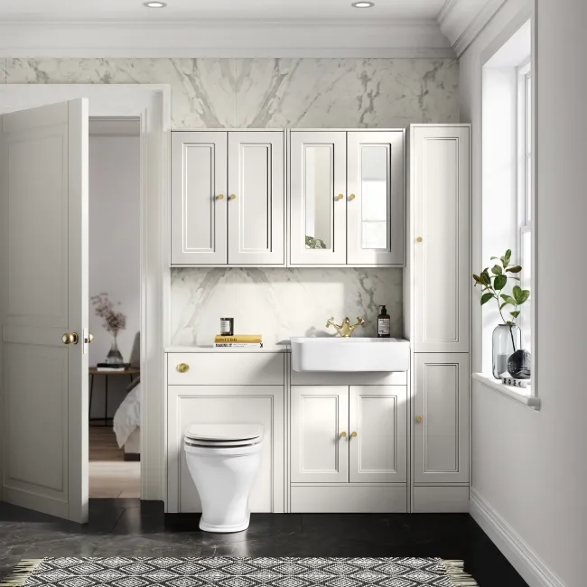 Monaco Cotton White Combination Vanity Basin and Kansas Toilet with Wooden Seat 1200mm - Brushed Brass Accents