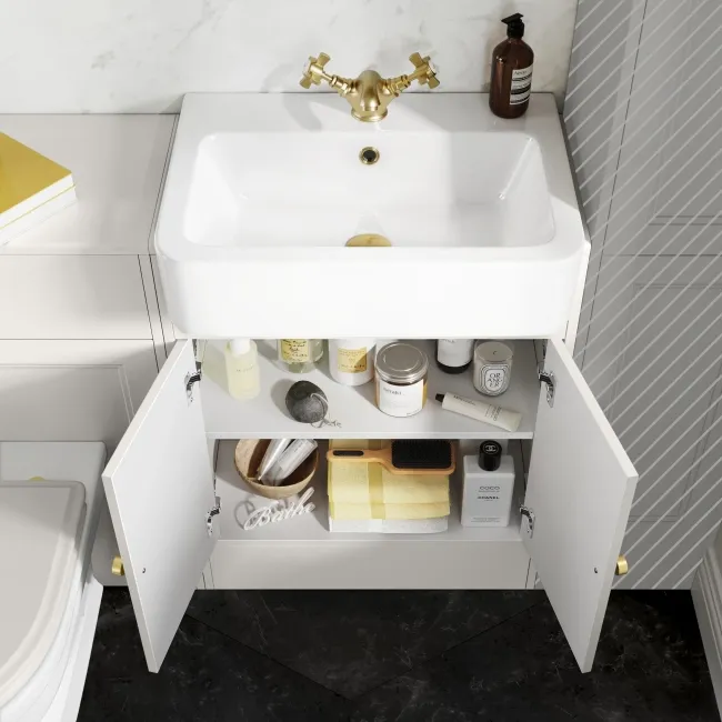 Monaco Cotton White Combination Vanity Basin and Kansas Toilet with Wooden Seat 1200mm - Brushed Brass Accents