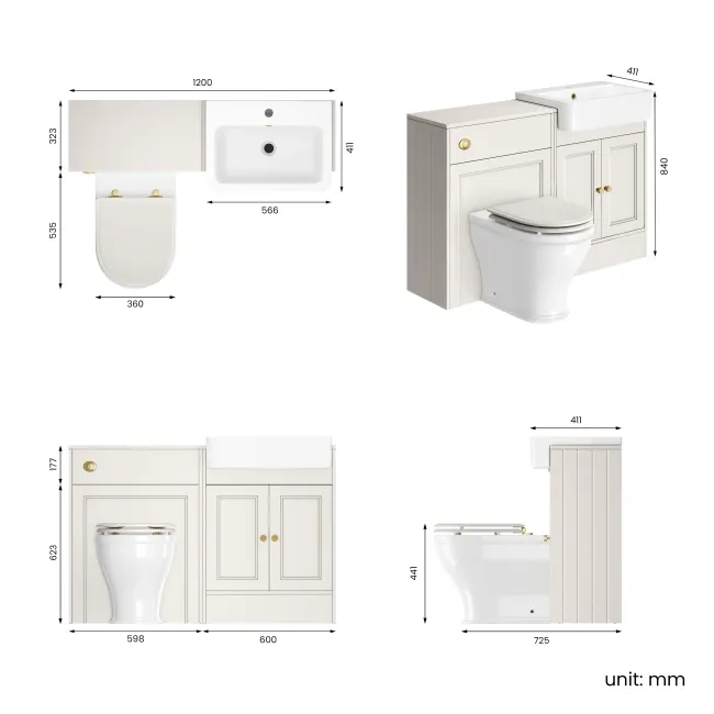 Monaco Cotton White Combination Vanity Basin and Kansas Toilet with Wooden Seat 1200mm - Brushed Brass Accents
