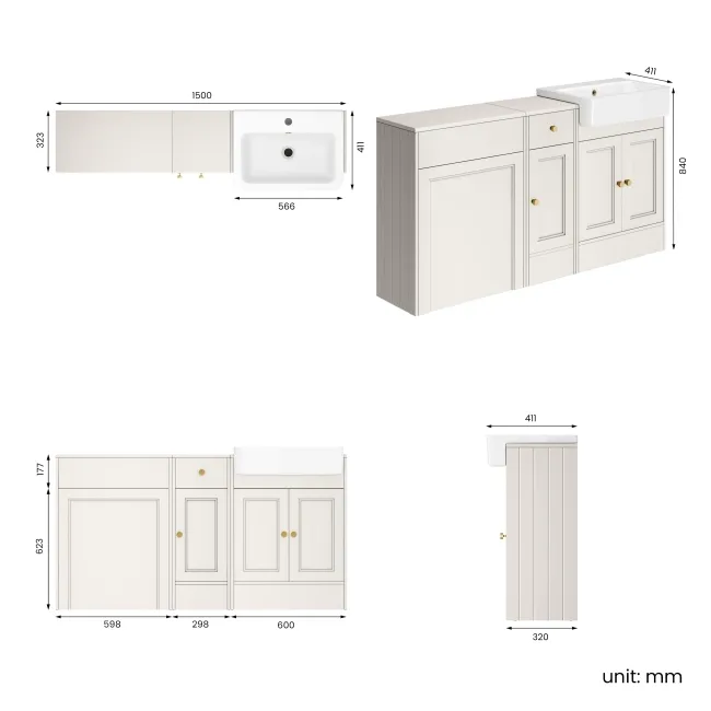 Monaco Cotton White Combination Vanity Basin 1500mm (Excludes Pan & Cistern) - Brushed Brass Accents