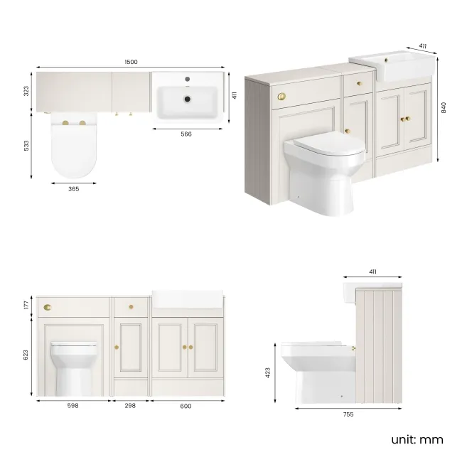 Monaco Cotton White Combination Vanity Basin and Miami Toilet 1500mm - Brushed Brass Accents