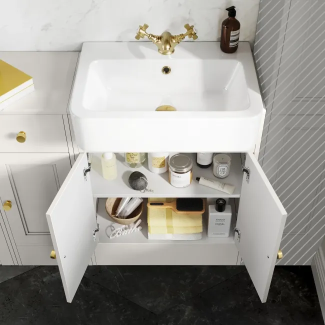 Monaco Cotton White Combination Vanity Basin and Tucson Toilet 1500mm - Brushed Brass Accents