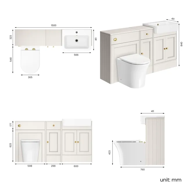 Monaco Cotton White Combination Vanity Basin and Tucson Toilet 1500mm - Brushed Brass Accents