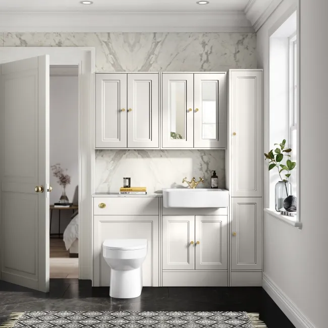 Monaco Cotton White Combination Vanity Basin with Marble Top & Miami Toilet 1200mm - Brushed Brass Accents