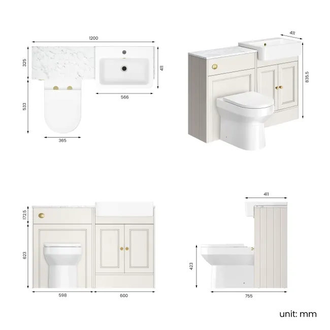 Monaco Cotton White Combination Vanity Basin with Marble Top & Miami Toilet 1200mm - Brushed Brass Accents