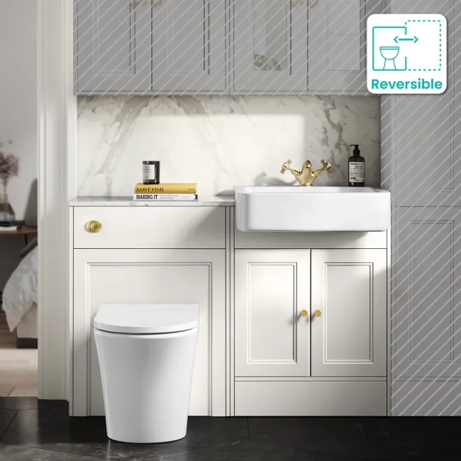 Monaco Cotton White Combination Vanity Basin with Marble Top & Tucson Toilet 1200mm - Brushed Brass Accents