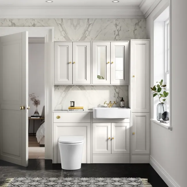 Monaco Cotton White Combination Vanity Basin with Marble Top & Tucson Toilet 1200mm - Brushed Brass Accents